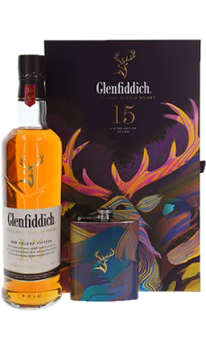 Glenfiddich 15YO Solera Fifteen 700ml   Hip Flask Gift Pack